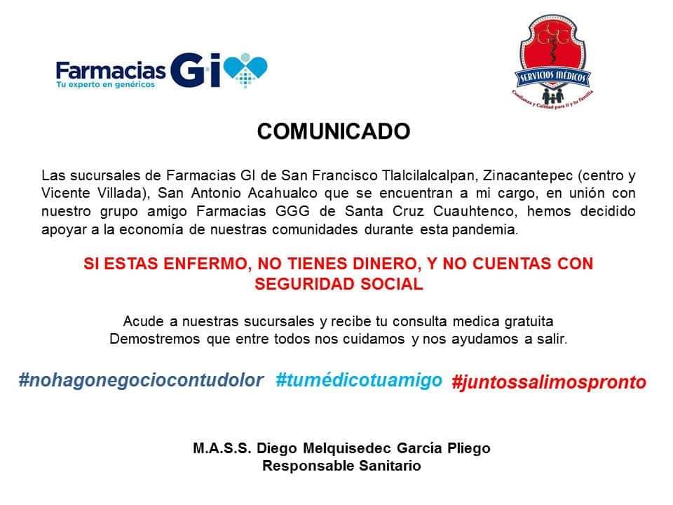 Farmacias privadas se suman en Zinacantepec a apoyo médico gratuito
