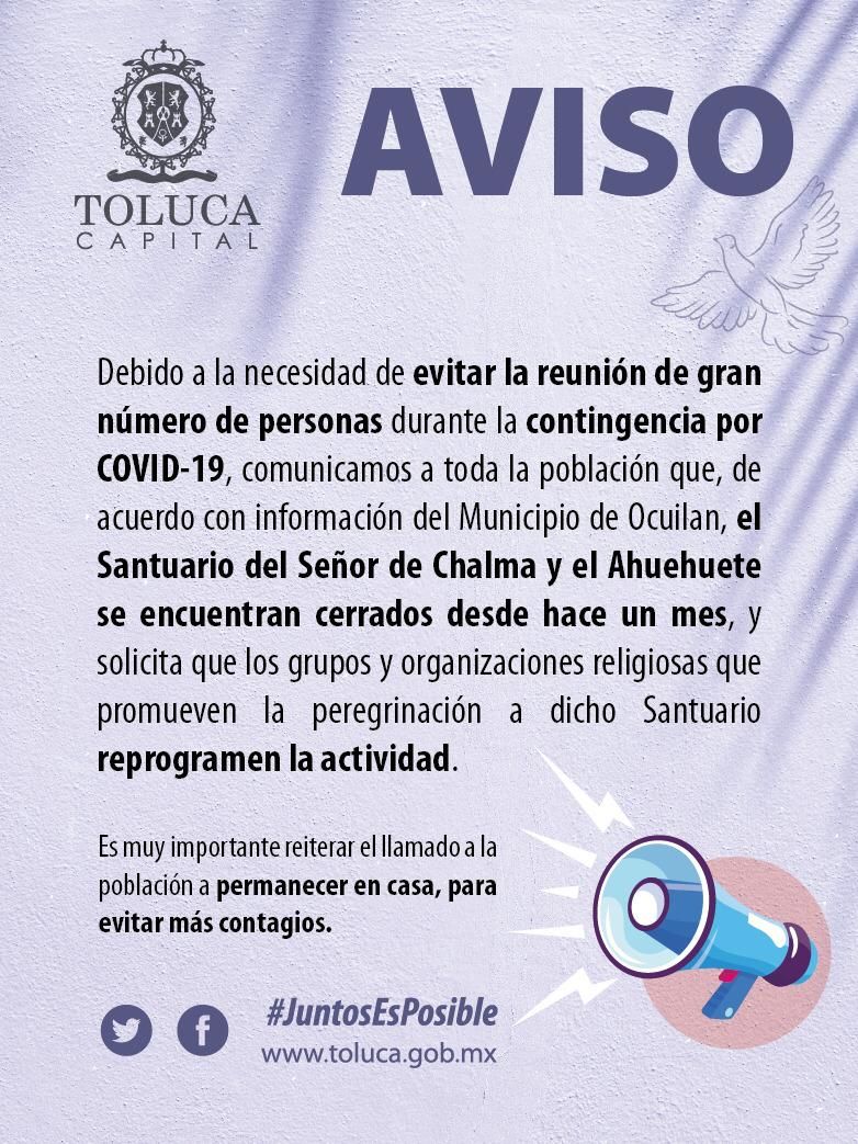 Toluca pide abstener peregrinaciones para prevenir contagios masivos de covid-19